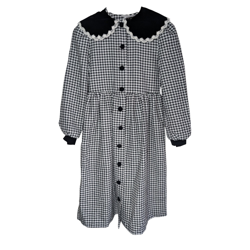 Bonnie Jean Girls Gingham Dress Black White Velvet Lace Collar Vintage Size‎ 12